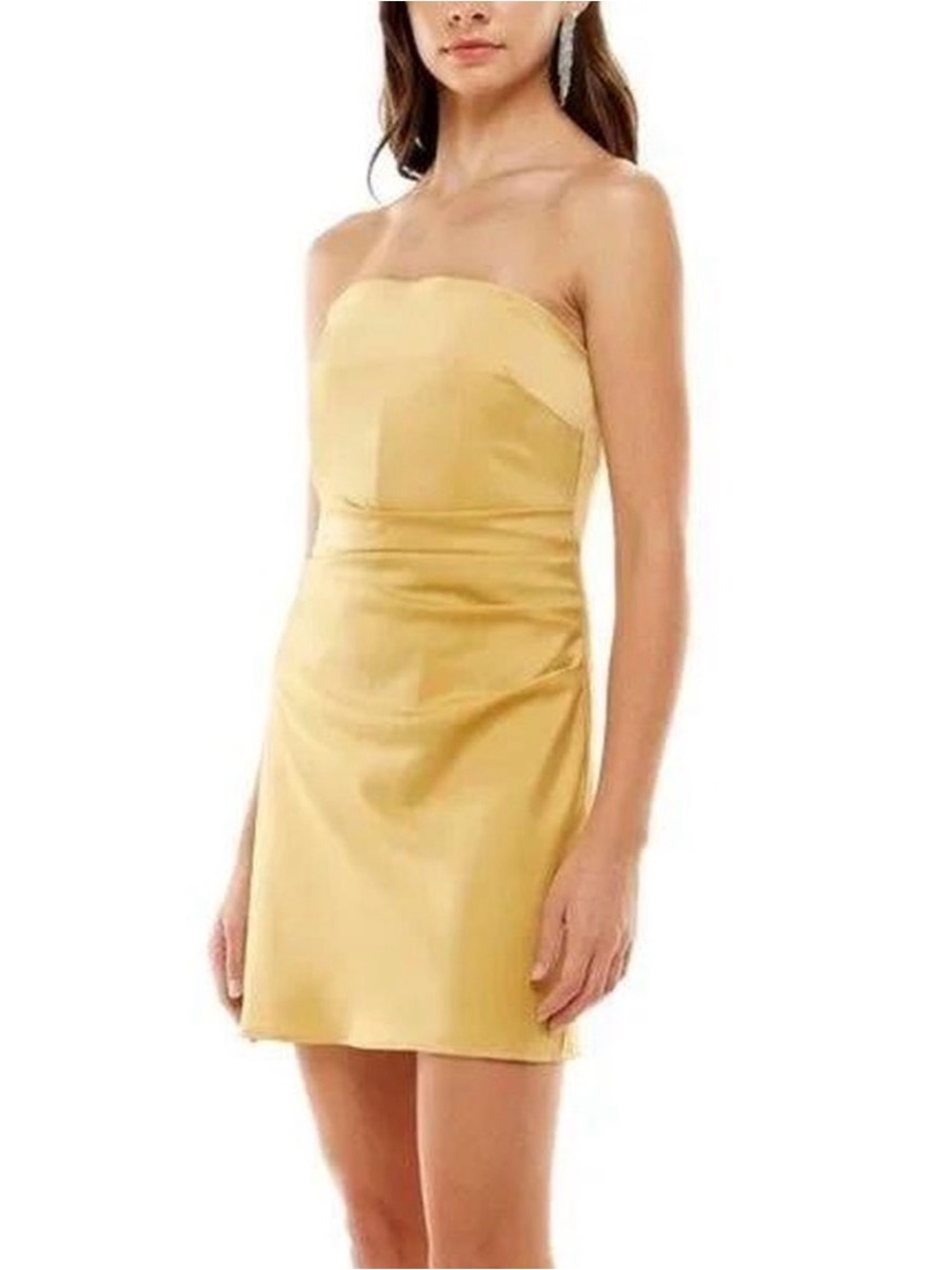 Wayf Strapless Satin Mini Dress in Pale Yellow
